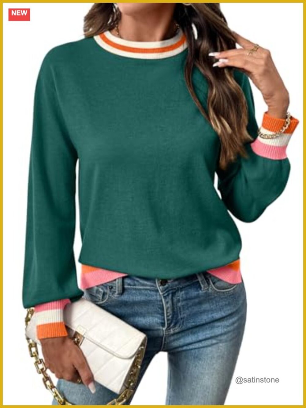 Womens Crew Neck Long Sleeve Color Block Sweater Pullover